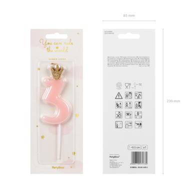 Roze svećica 3 sa krunom - 9.5cm